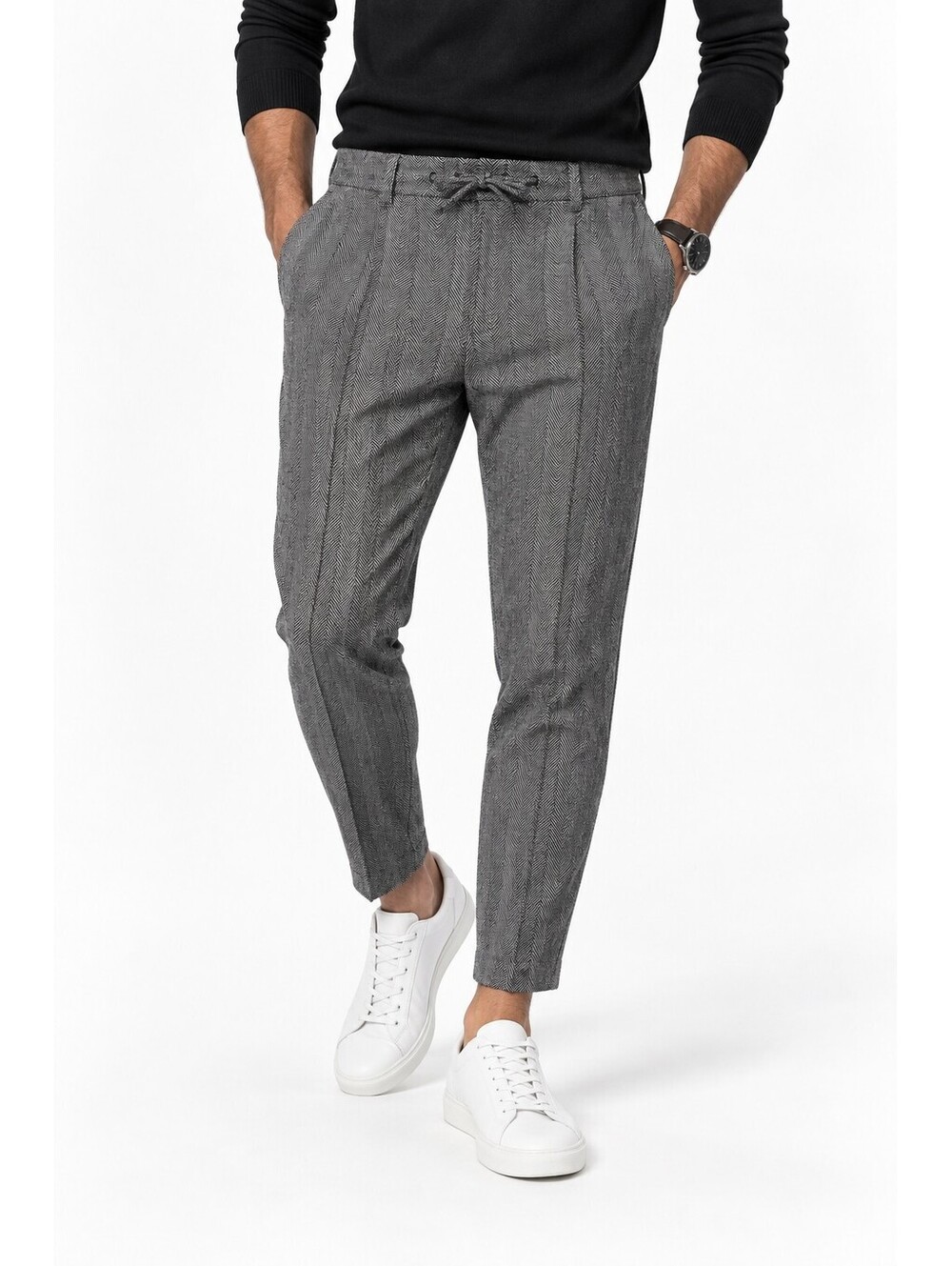 Herringbone Tailored Trousers Gray Drawstring Tapered Ankle Pants Mens Size 36